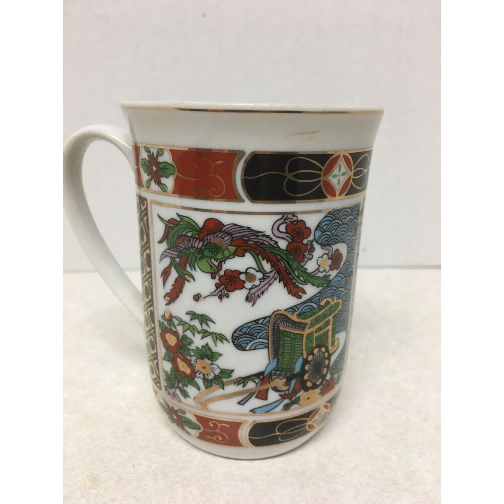 Vintage Porcelain Coffee Tea Cup Mug 8 oz Floral Rust Blue Gold Accents Japan